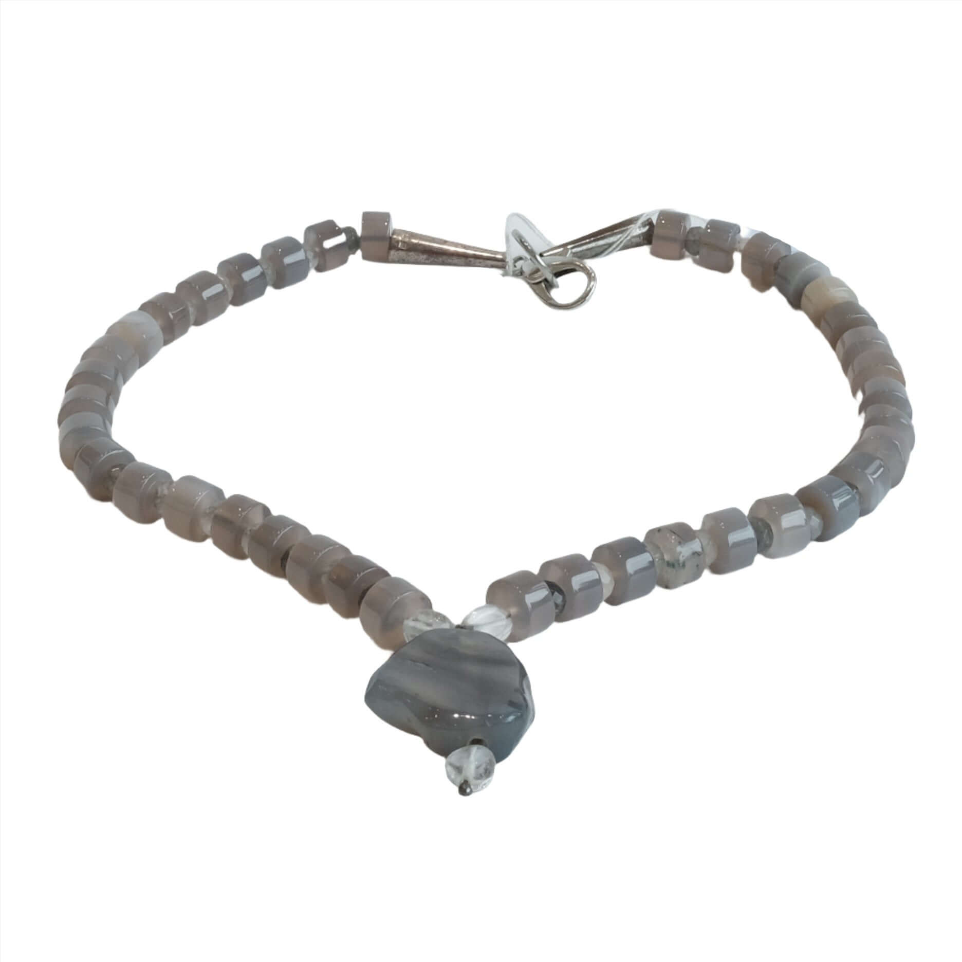 Agate necklace featuring a smokey quartz drop, showcasing elegant bead design and secure clasp.