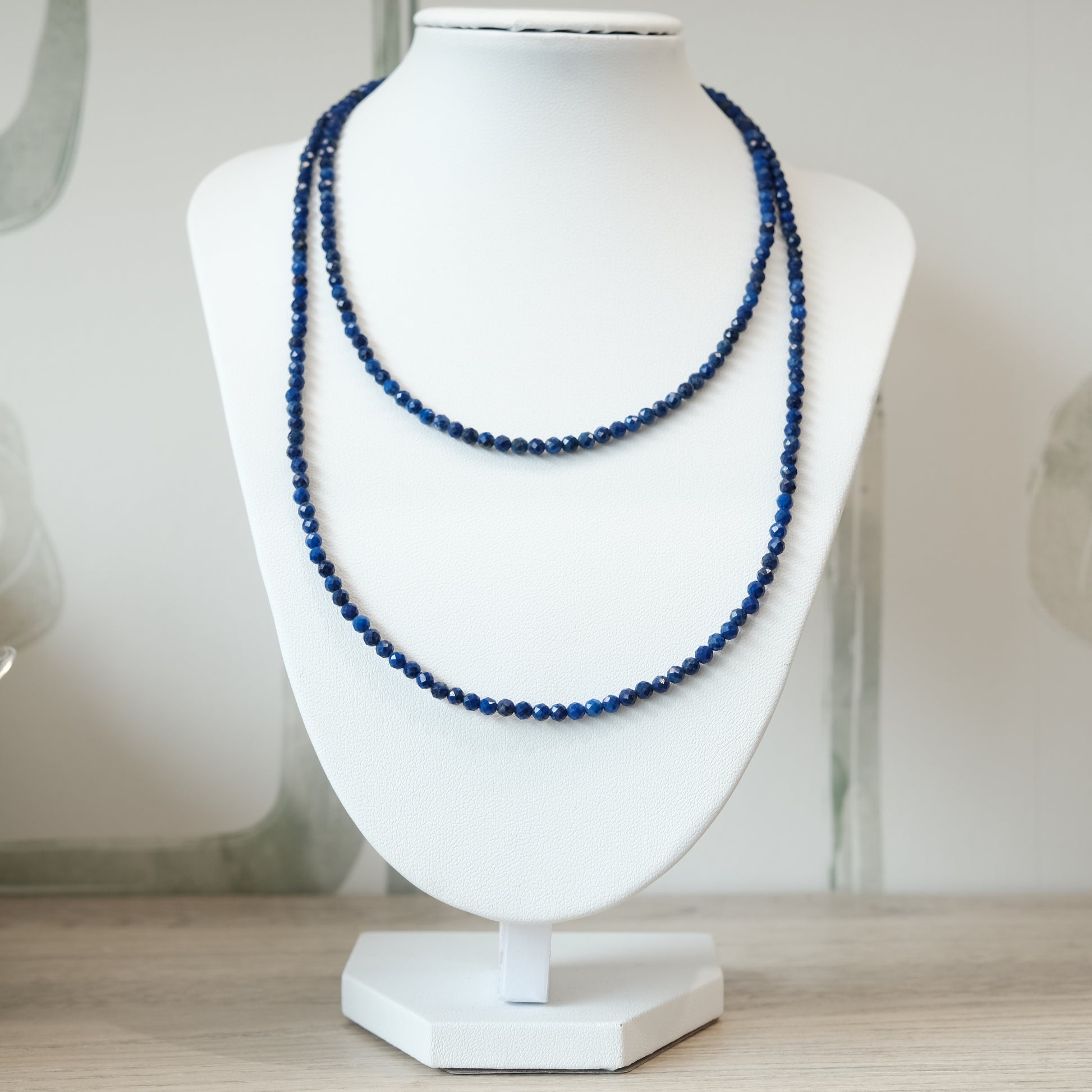Lapis Lazuli Faceted Necklace 31" on Display Bust, Multi-Wrap Bracelet Option, Promotes Calm and Self-Awareness