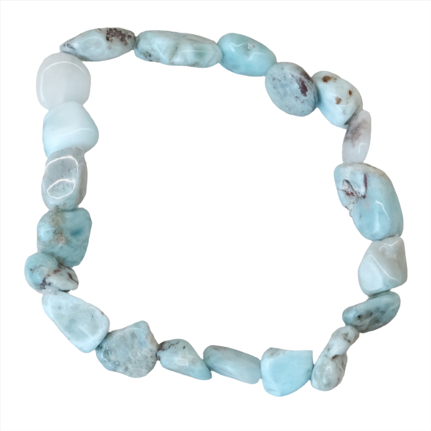 Larimar tumbled stone bracelet for energy balance and throat healing benefits.
