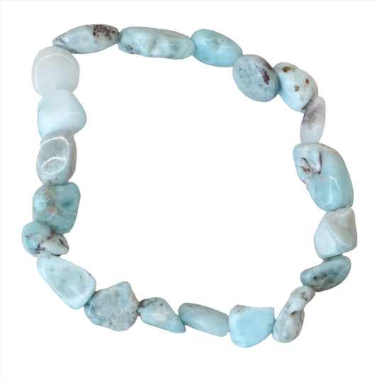 Larimar tumbled stone bracelet for energy balance and throat healing benefits.