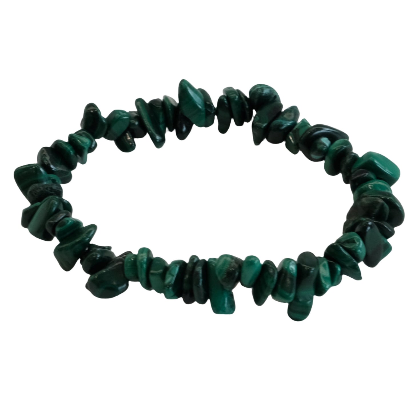 Malachite chip bracelet for absorbing negative energies and offering protection against radiation. Encourages love and positive change.