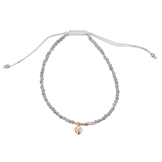 Moonstone Faceted Stone Bead Bracelet with Heart Charm
