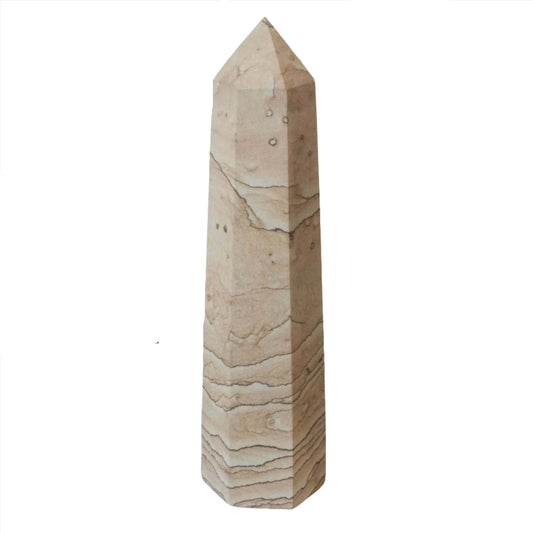 Picture Jasper tower 6-10 inches, promoting balance, harmony, and imaginative thinking with unique natural patterns.