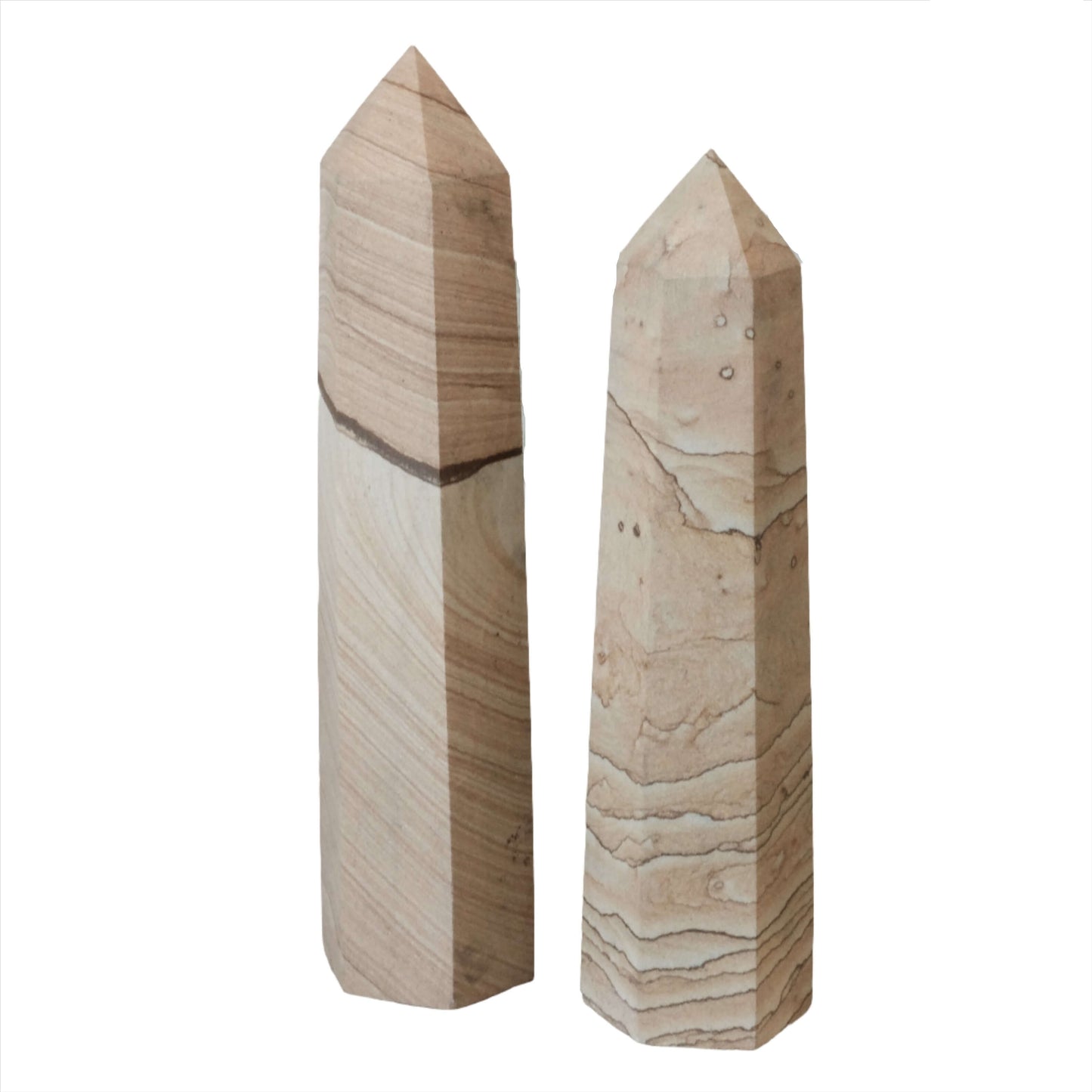 Picture Jasper towers 6-10 inches, known for balancing harmony and promoting environmental consciousness.