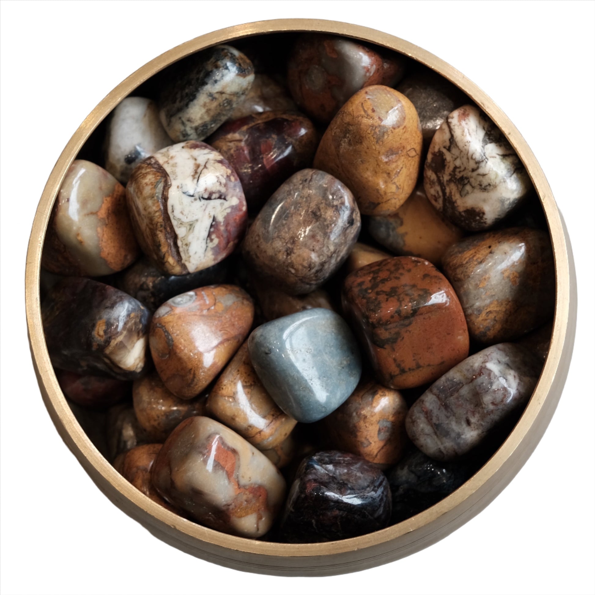 "Bowl of polished Pietersite tumbled stones showcasing vibrant, earthy colors"