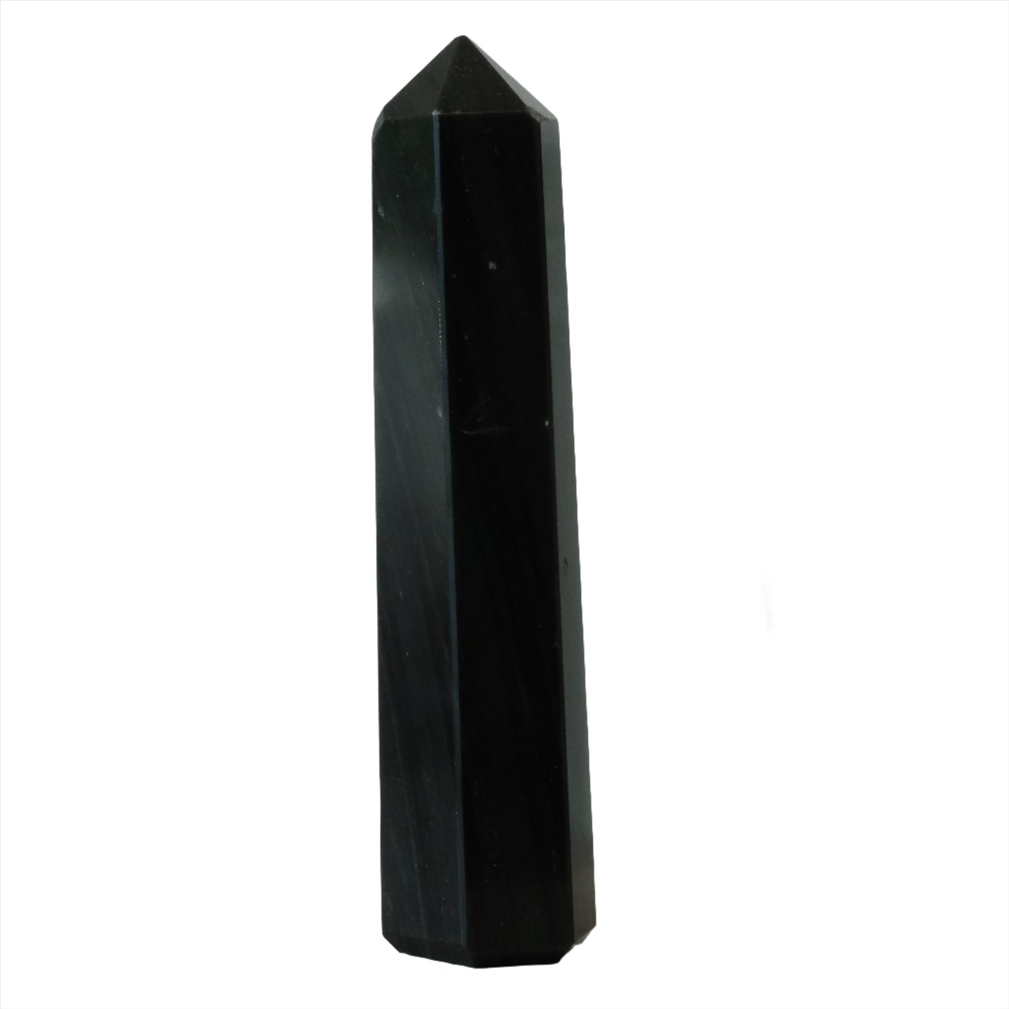 Rainbow Obsidian Tower crystal showcasing polished black surface with a pointed top, ideal for healing and decoration.