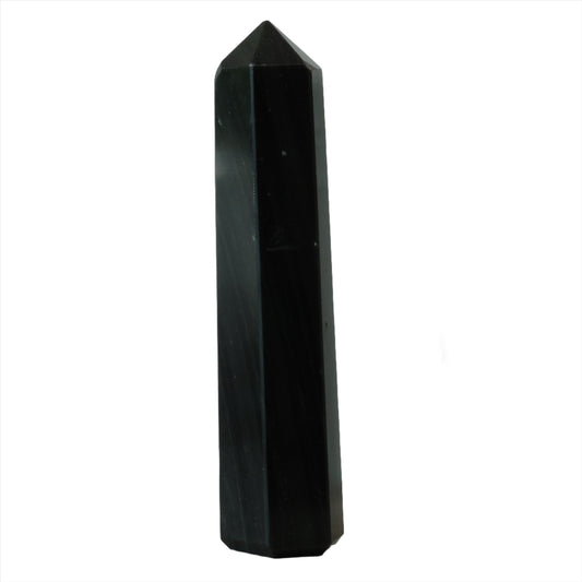 Rainbow Obsidian Tower crystal showcasing polished black surface with a pointed top, ideal for healing and decoration.