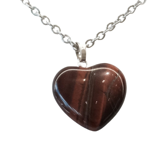 Red Tiger Eye Small Heart Necklace for stress relief and calming, featuring a heart-shaped gemstone pendant on a silver chain.