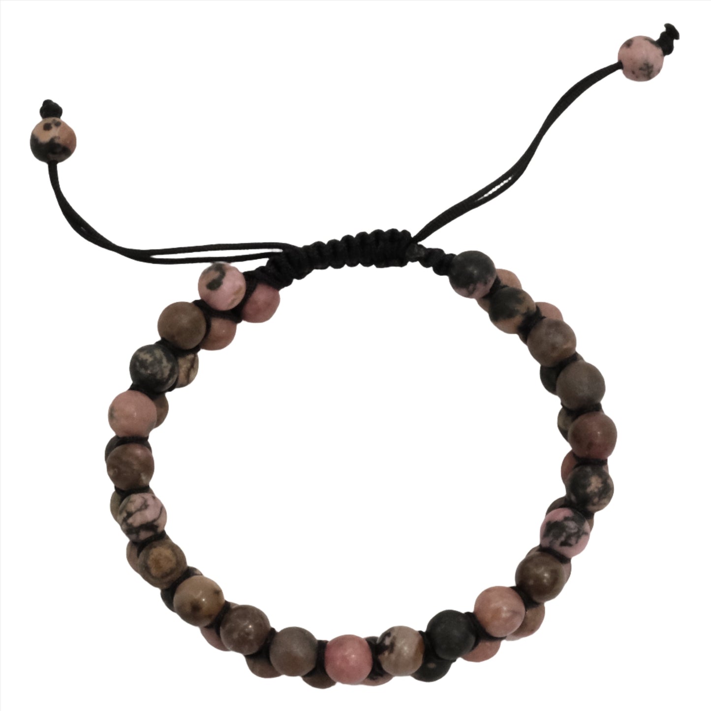 Rhodonite adjustable bracelet with double row design, promoting emotional balance and love, featuring natural stone beads.