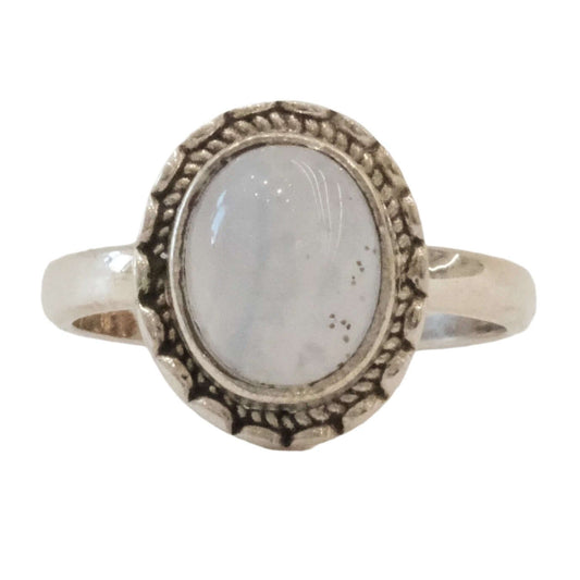 Blue Lace Agate Sterling Silver Ring Size 7 with calming and healing properties, promotes self-assurance and throat healing.