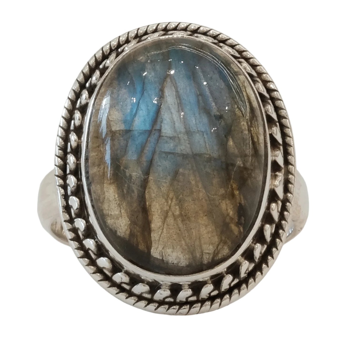 Labradorite oval sterling silver ring size 8 with intricate design, enhances intuition and strength, blue and grey gemstone.