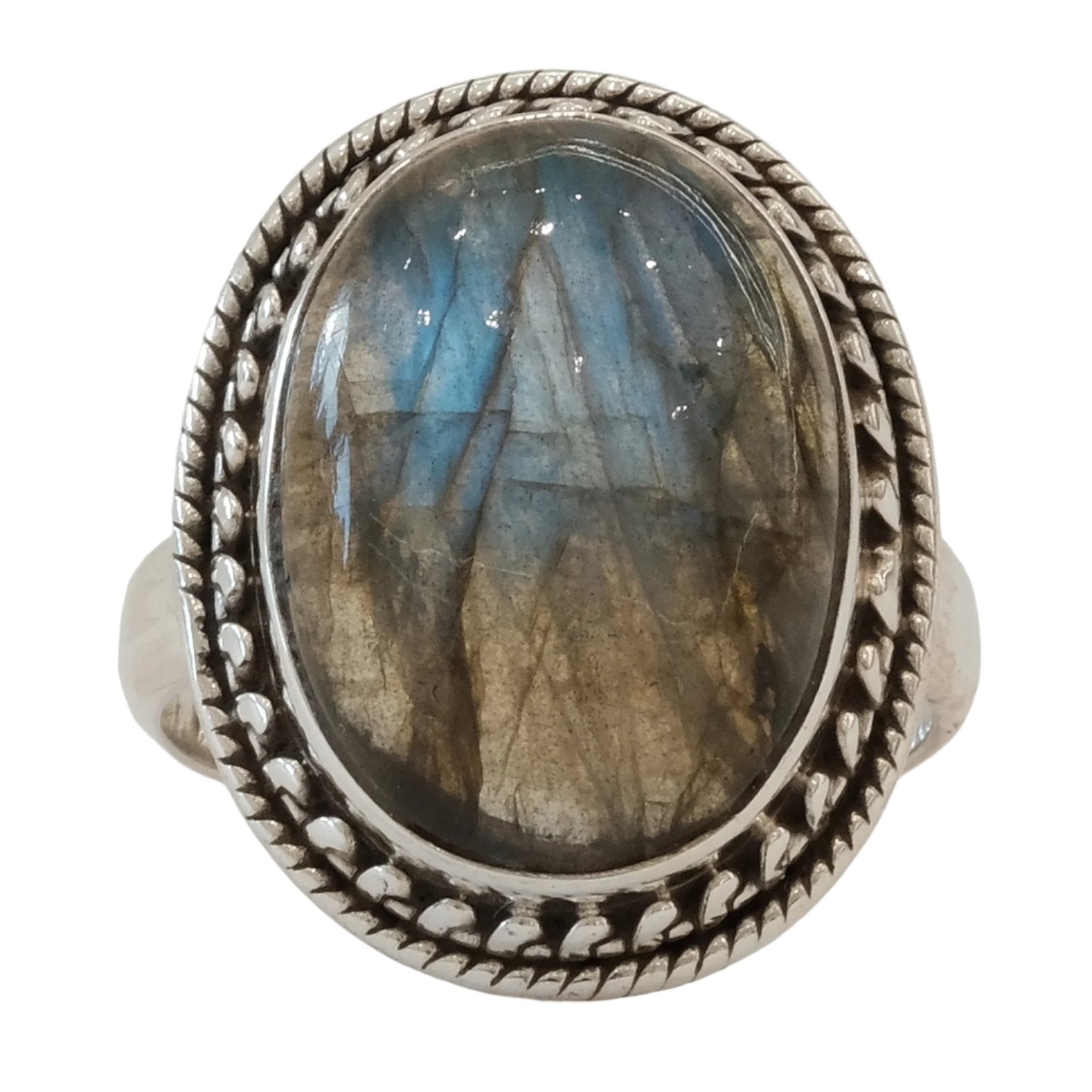 Labradorite oval sterling silver ring size 8 with intricate design, enhances intuition and strength, blue and grey gemstone.