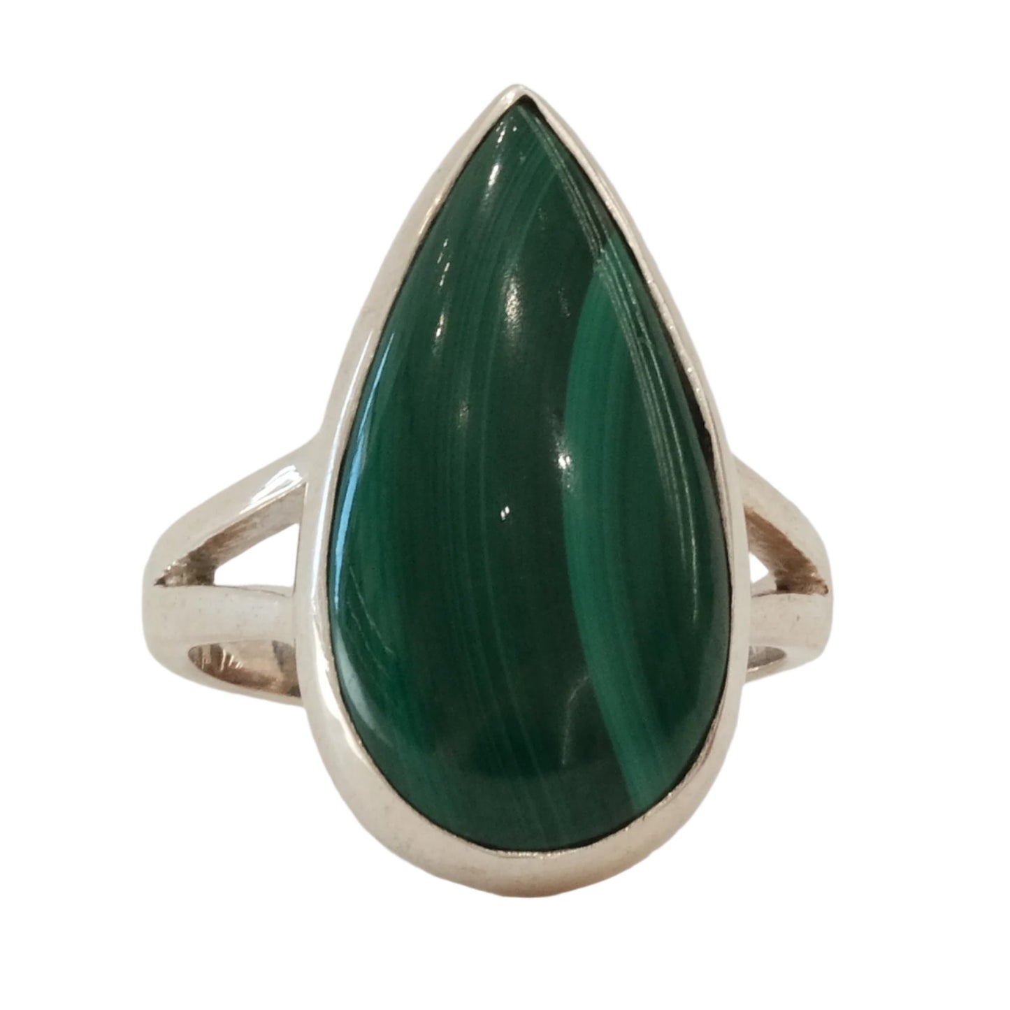 Malachite teardrop sterling silver ring, size 7, with polished green gemstone offering protection and absorbing negative energies.