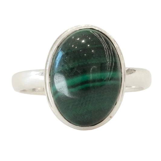 Malachite sterling silver ring size 8 featuring a glossy green gemstone, known for absorbing negative energies and promoting love.