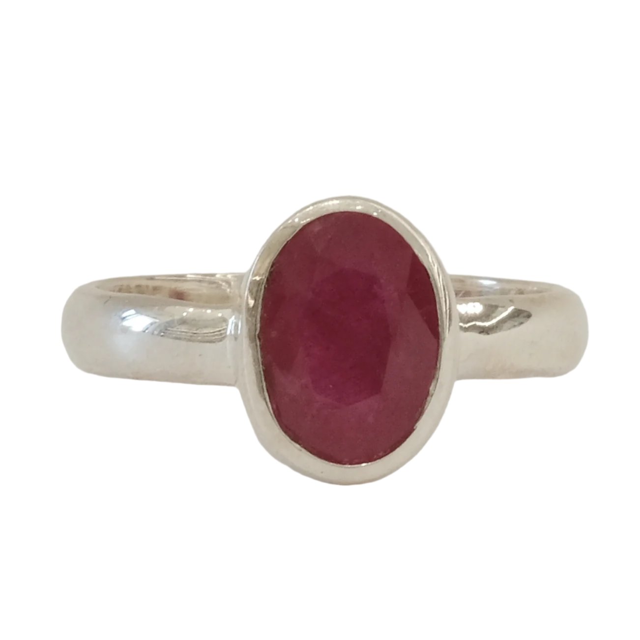 Ruby Faceted Sterling Silver Ring Size 7, symbolizing vitality and confidence with a sleek silver band and vibrant red gemstone.