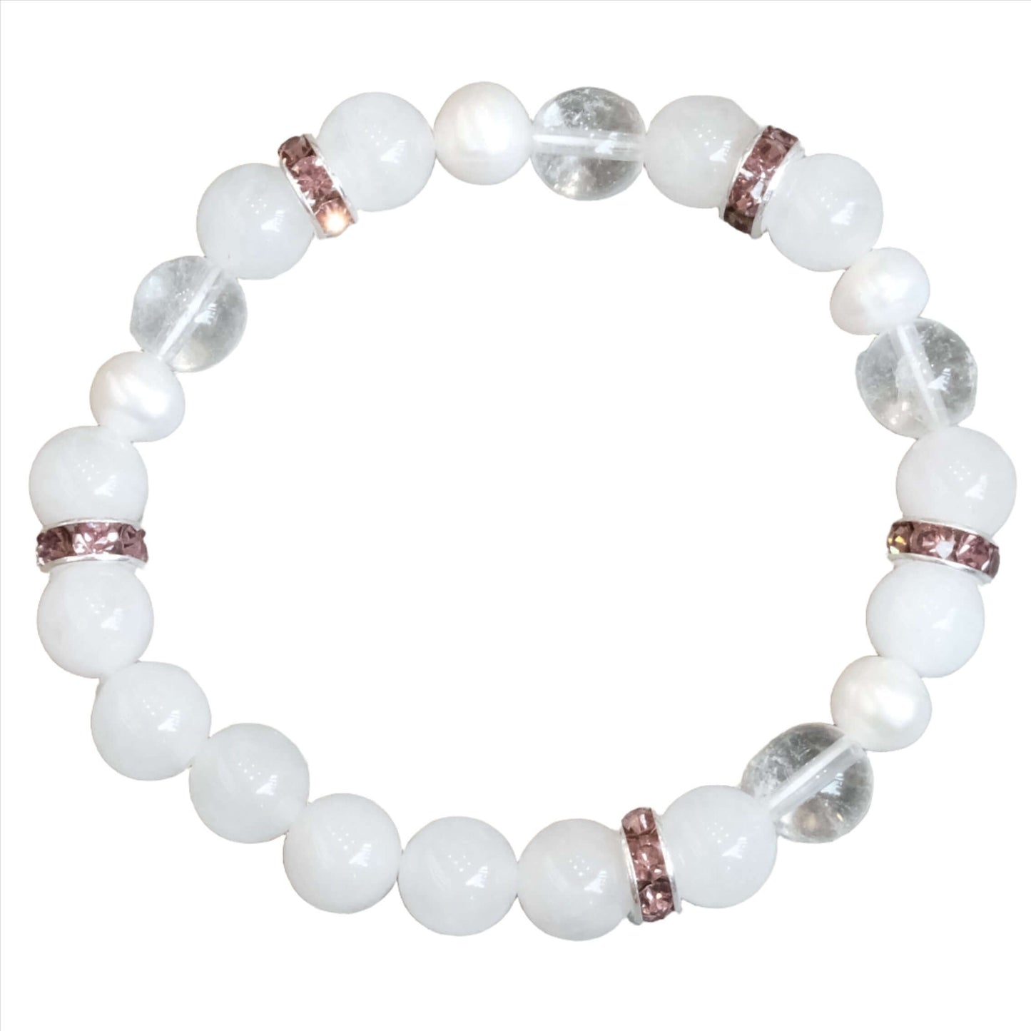 Rose Quartz and Clear Quartz Bracelet with Pearls and Decorative Accents