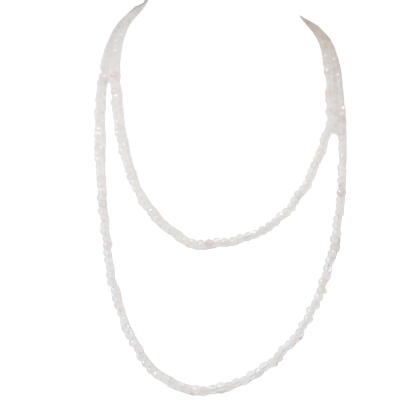 Rose Quartz Faceted 31" Necklace Multi Wrap Bracelet on white background, offering healing and self-confidence benefits.