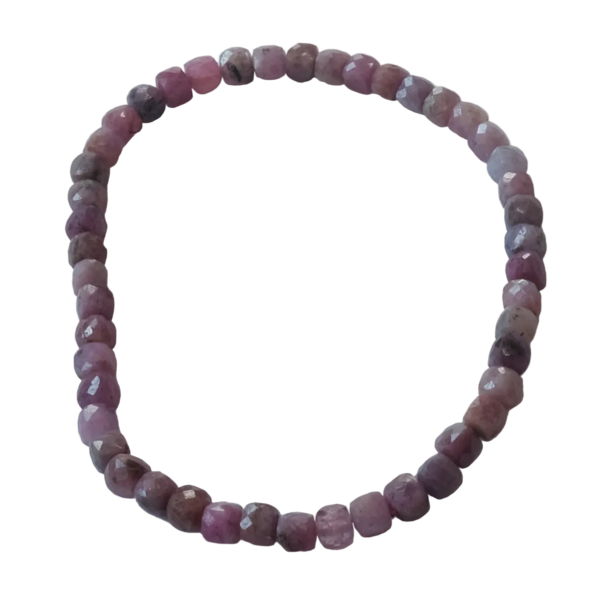 A beaded stretch bracelet made of faceted, round pinkish-purple beads, arranged in a circle on a plain light gray background.
