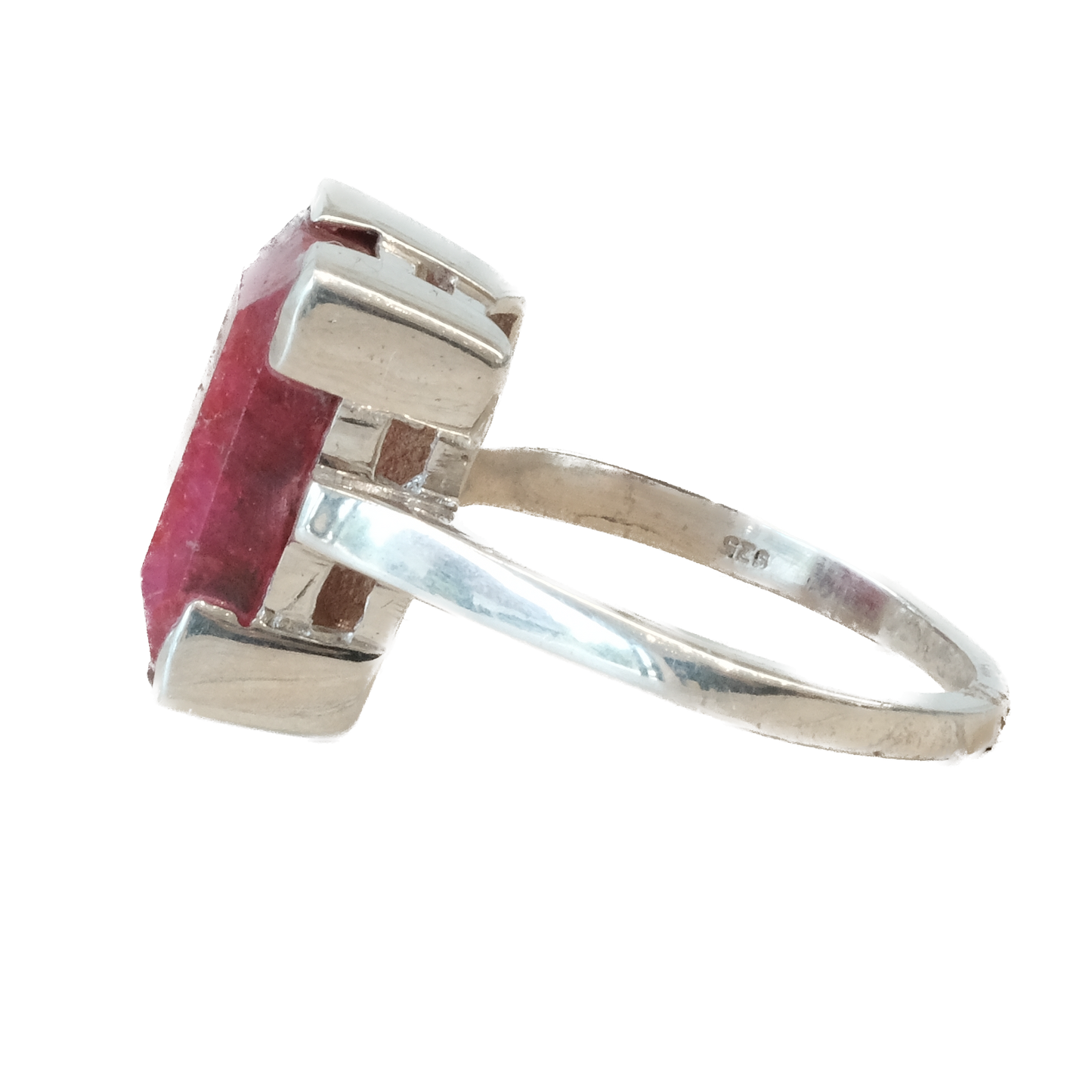 Ruby rectangle sterling silver ring size 8 showcasing vibrant red gemstone and elegant band design.