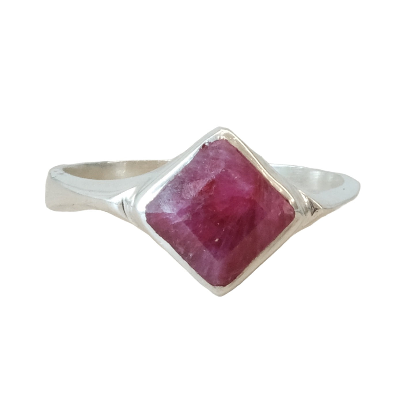 Ruby square sterling silver ring size 5, showcasing vibrant gemstone with elegant setting. Perfect for motivation and confidence.