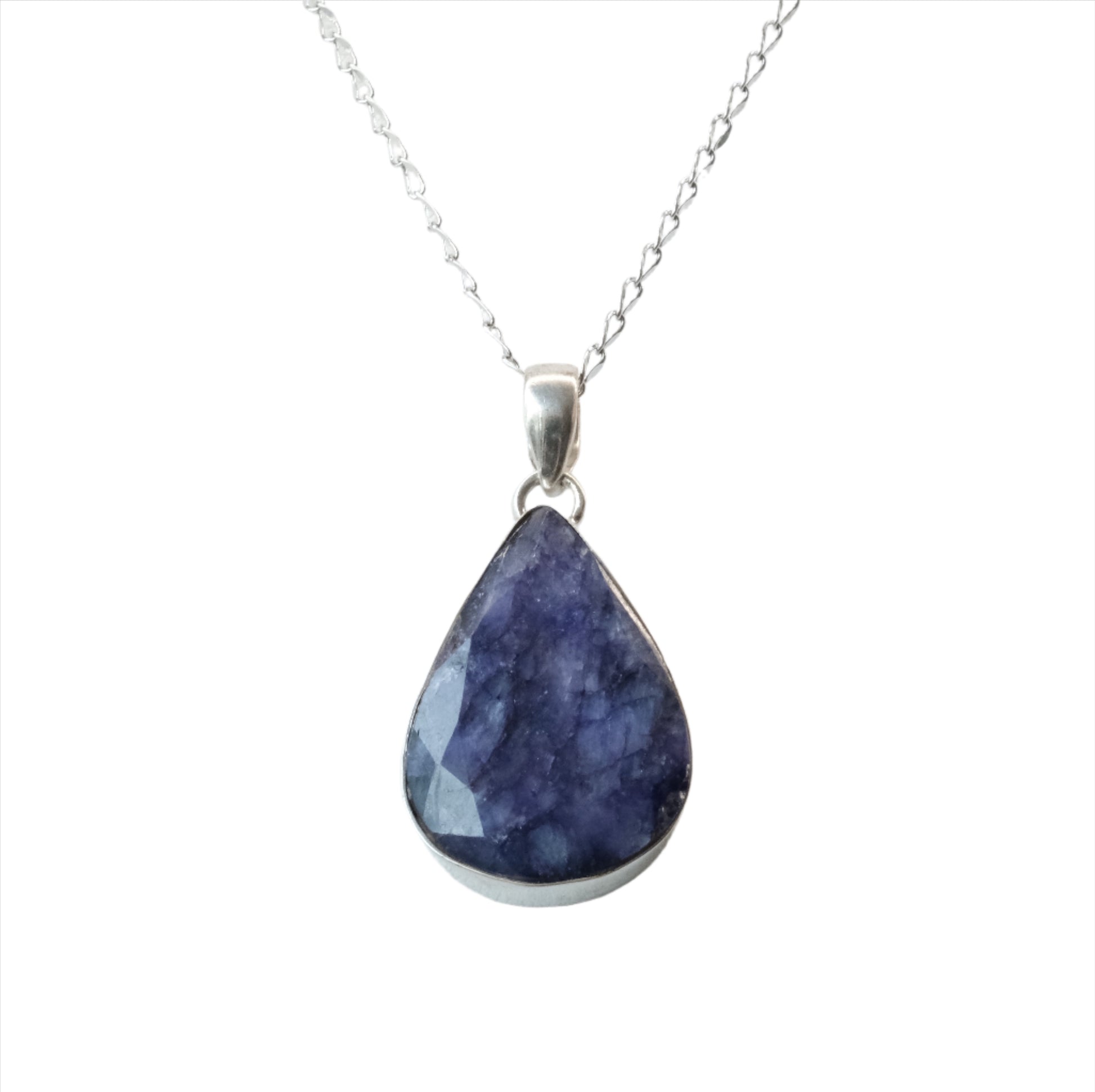 Blue Sapphire Teardrop Sterling Silver Pendant Necklace
