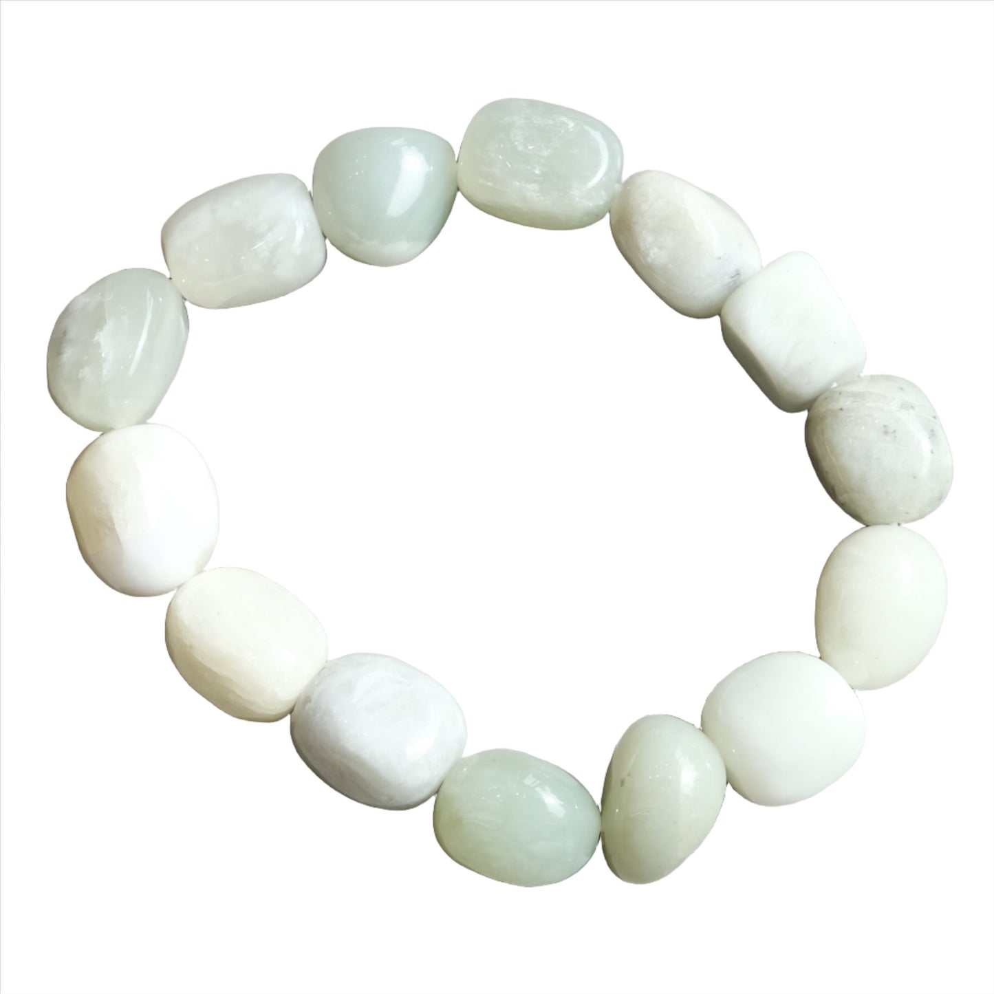 Serpentine tumbled stone bracelet for meditation and healing energy, featuring smooth green stones on an elastic band.