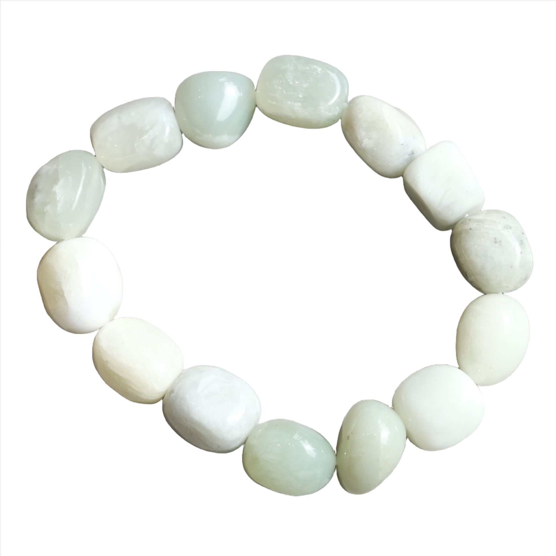 Serpentine tumbled stone bracelet for meditation and healing energy, featuring smooth green stones on an elastic band.