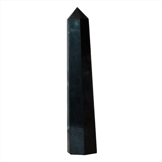Shungite tower 3-4 inches tall, known for antioxidant and EMF shielding properties. Ideal for wellness and decor.