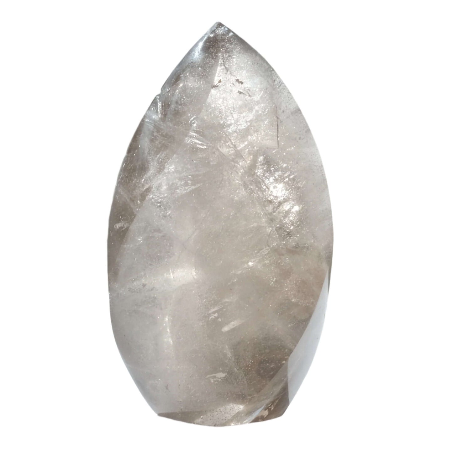 Small smoky quartz flame crystal for grounding, negative energy protection, and physical healing benefits.