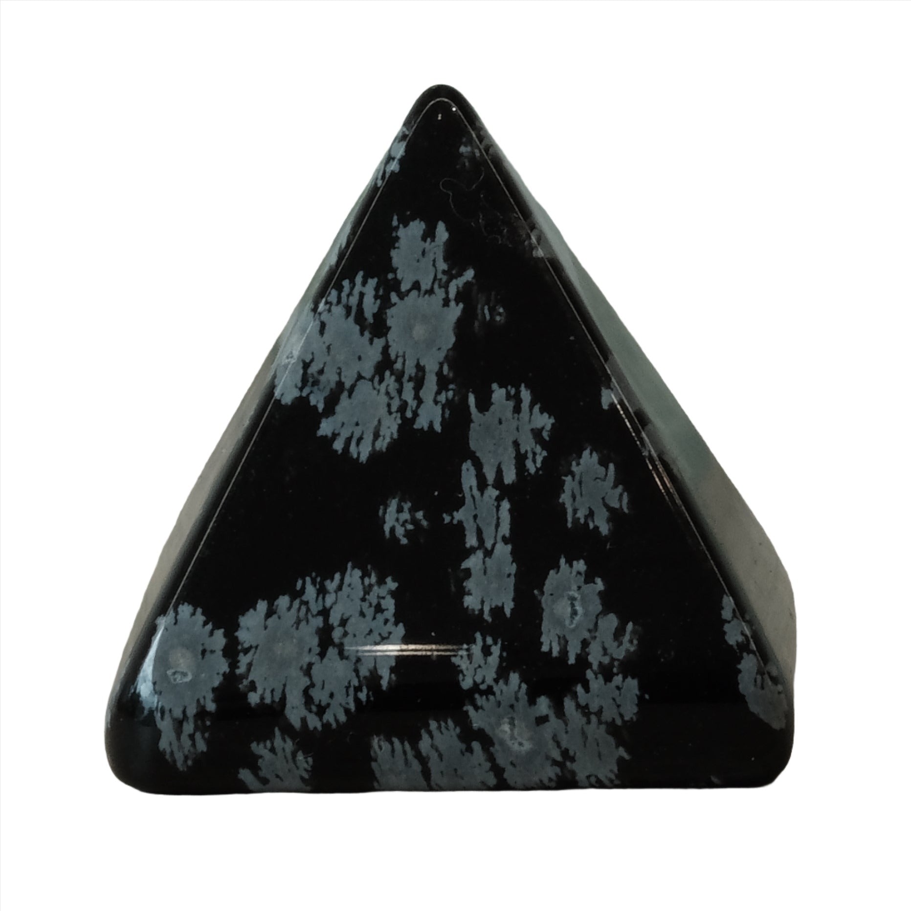 Snowflake Obsidian pyramid, promoting healing, calmness, and inner clarity in body, mind, and spirit.