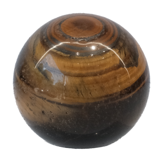 Tiger Eye sphere for focus, concentration, and protection; promotes courage, mood stabilization, and physical healing.