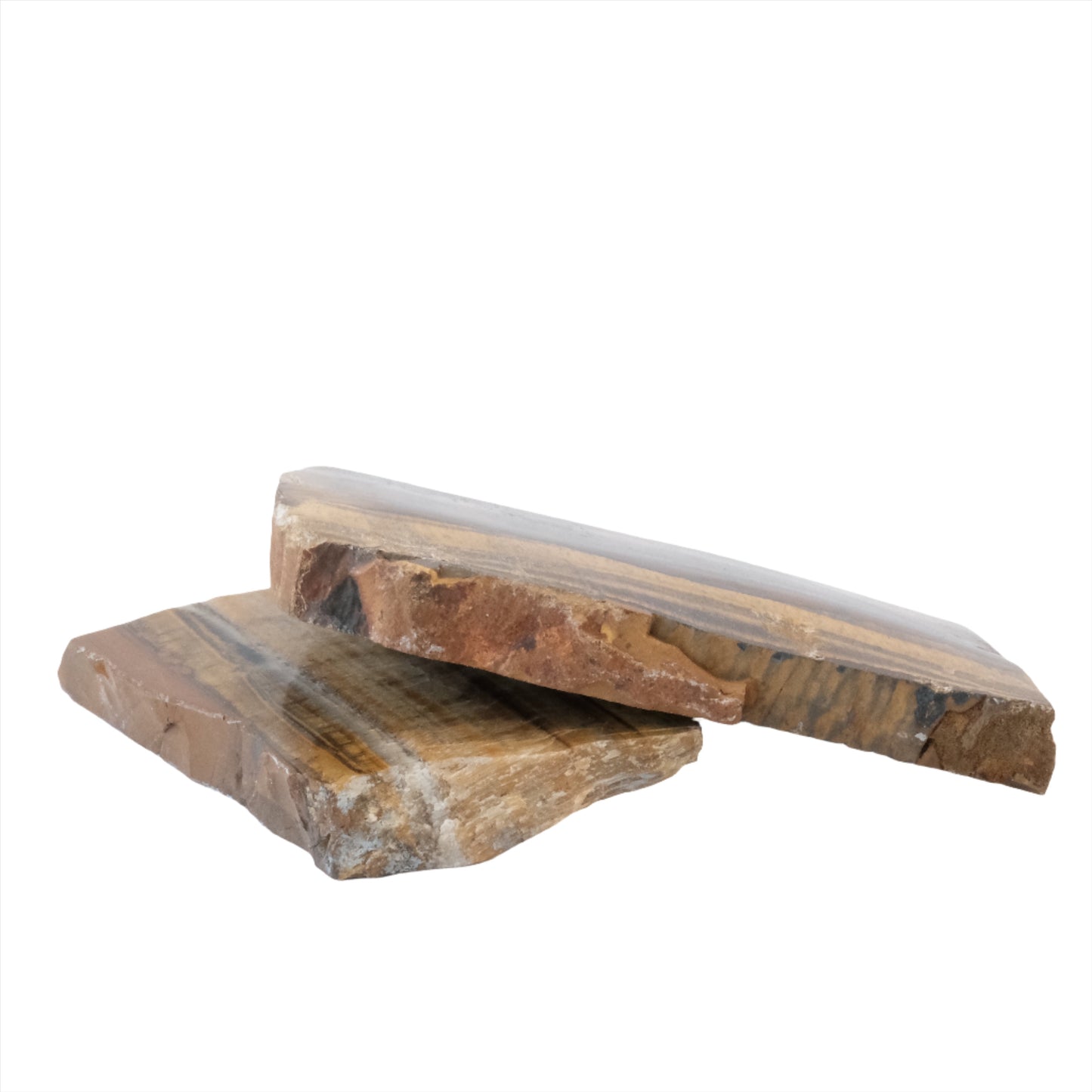 Tiger Eye slab pieces showcasing unique colors and patterns, believed to enhance mental clarity and attract luck.
