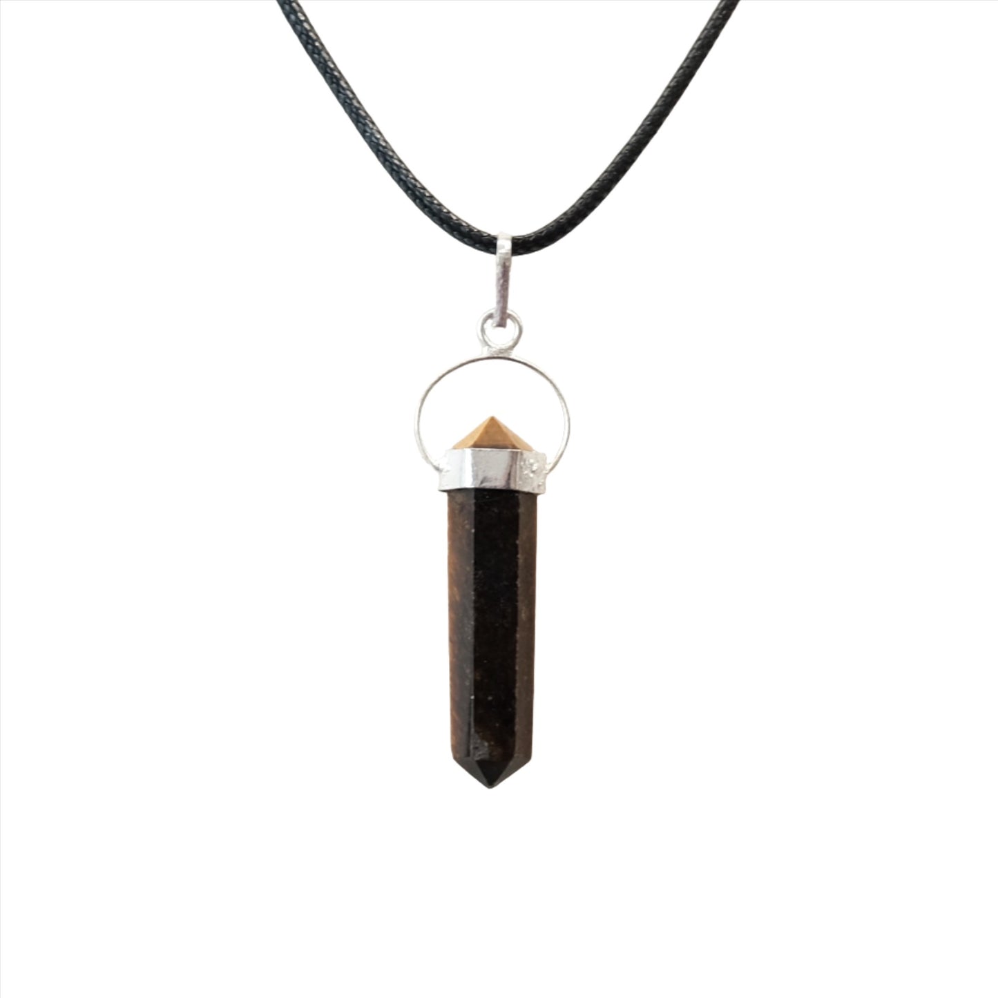 Tiger Eye double terminated pendant necklace on a black cord, symbolizing focus, protection, and good luck.