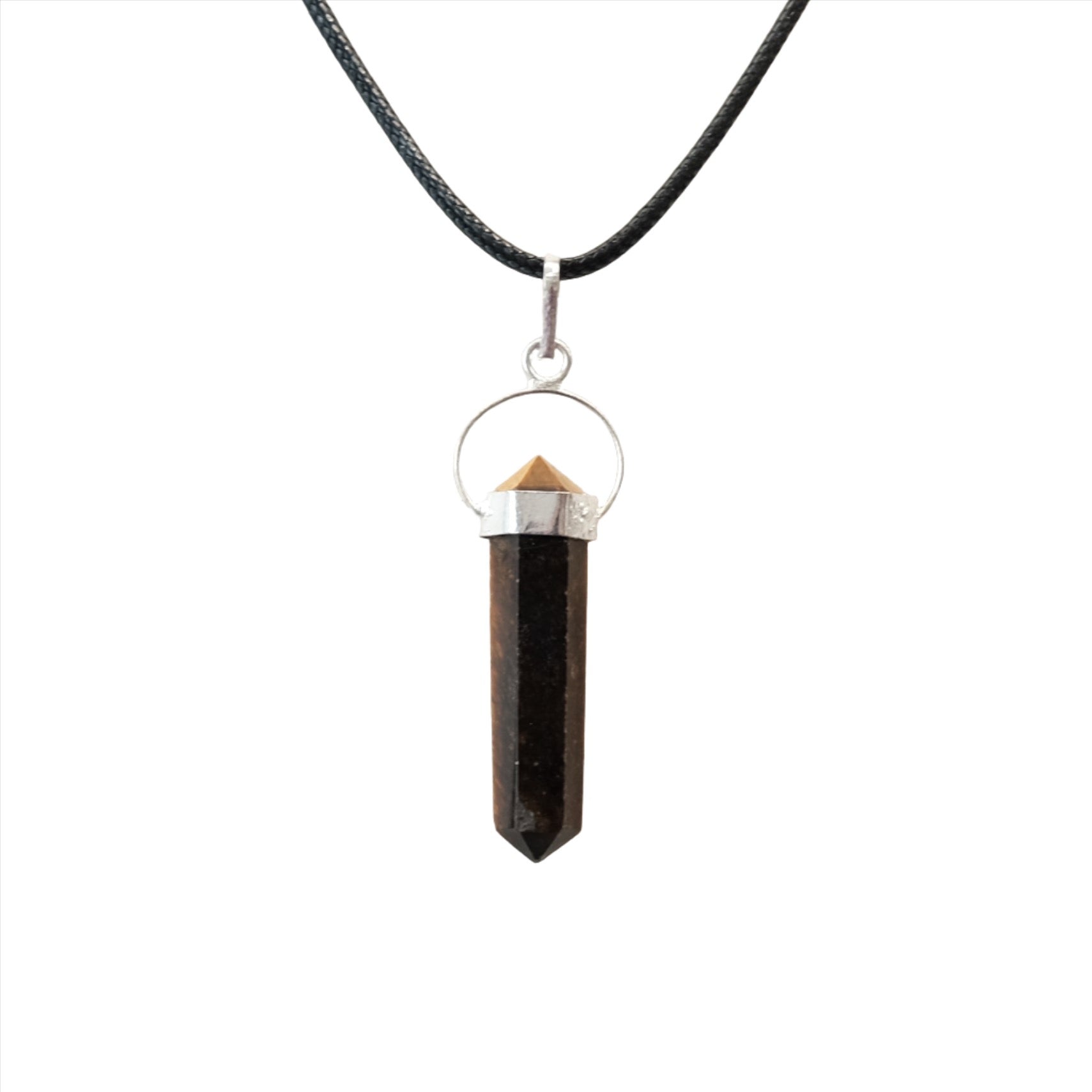 Tiger Eye double terminated pendant necklace on a black cord, symbolizing focus, protection, and good luck.
