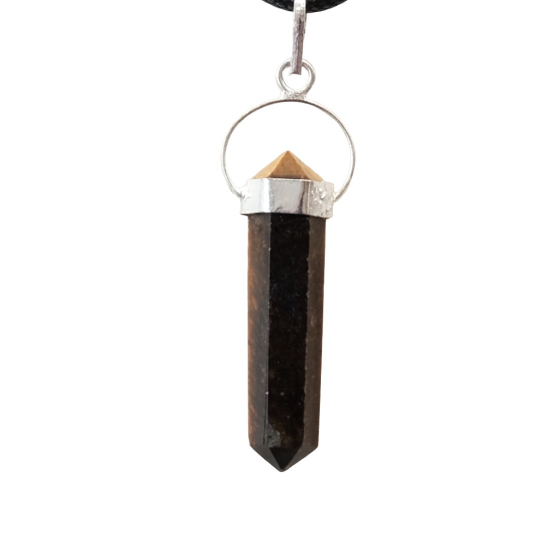 Tiger Eye double terminated pendant necklace for focus, protection, and mood stabilization, featuring a pointed crystal design.