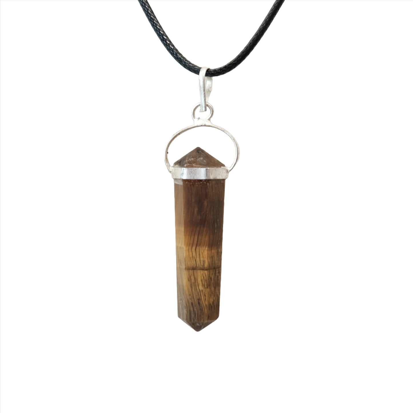 Tiger Eye double terminated pendant necklace on a black cord, promoting focus, protection, and mood stabilization.