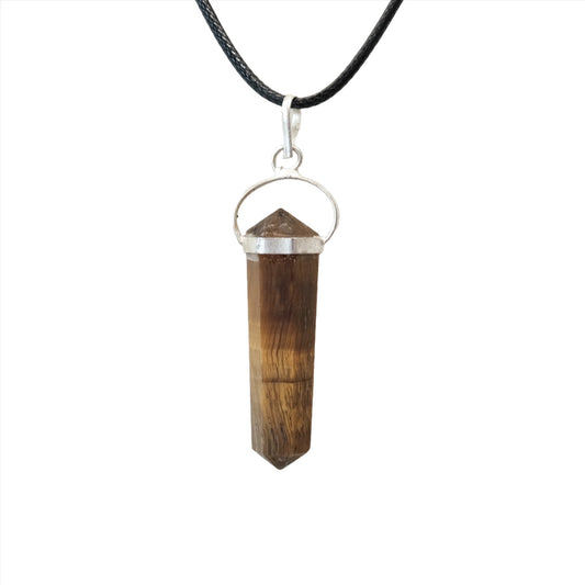 Tiger Eye double terminated pendant necklace on a black cord, promoting focus, protection, and mood stabilization.