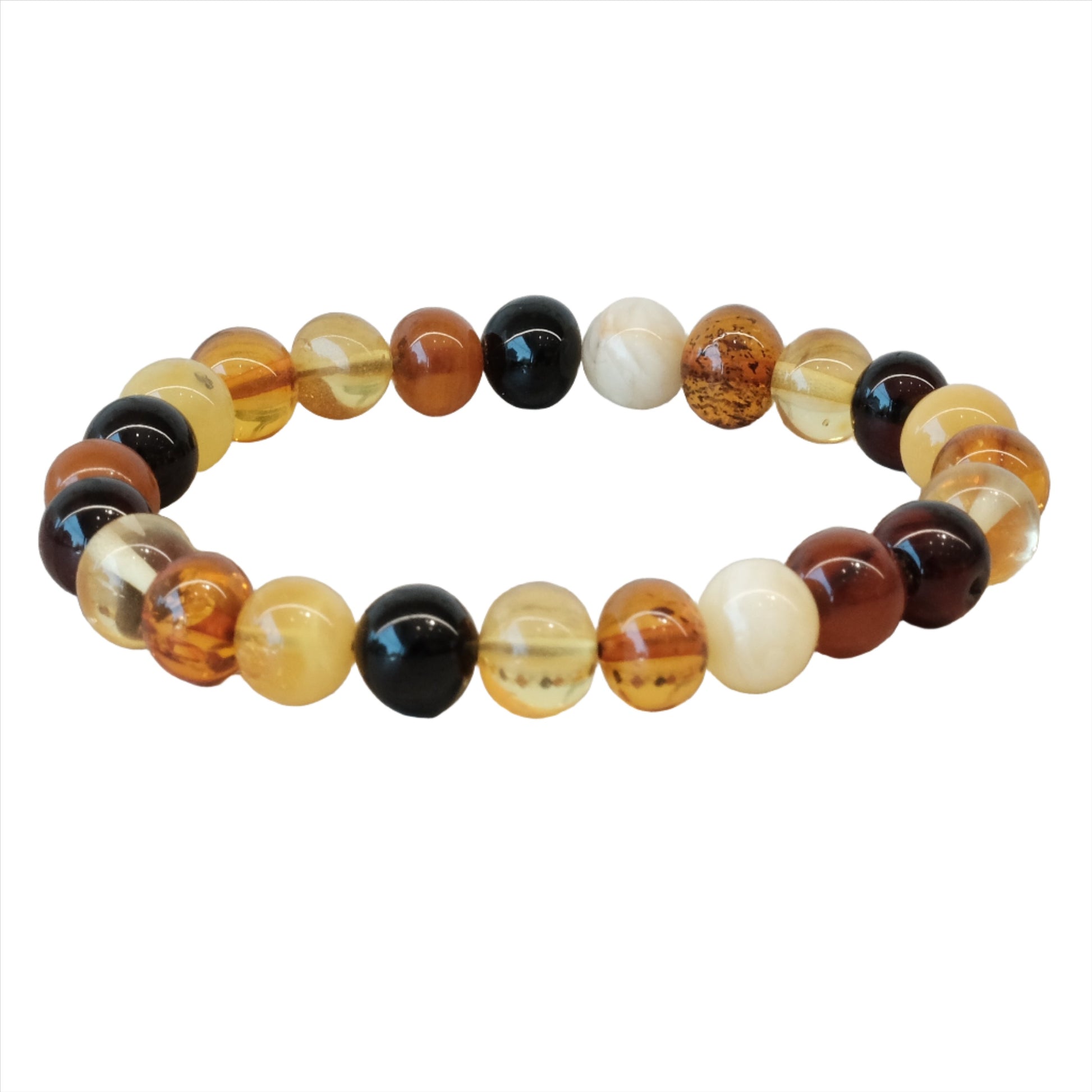 Amber tricolor beaded bracelet 9-10MM for adults, featuring a mix of healing stones for balance and stress relief.