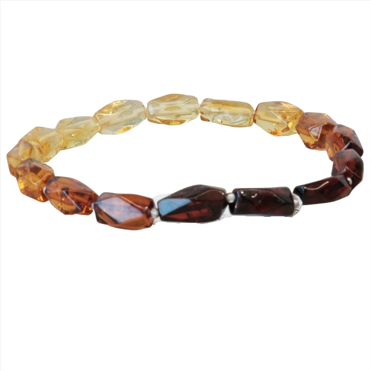 Tricolor amber stretch bracelet for adults, features healing amber stones in various shades, enhances self-confidence and balances energy.