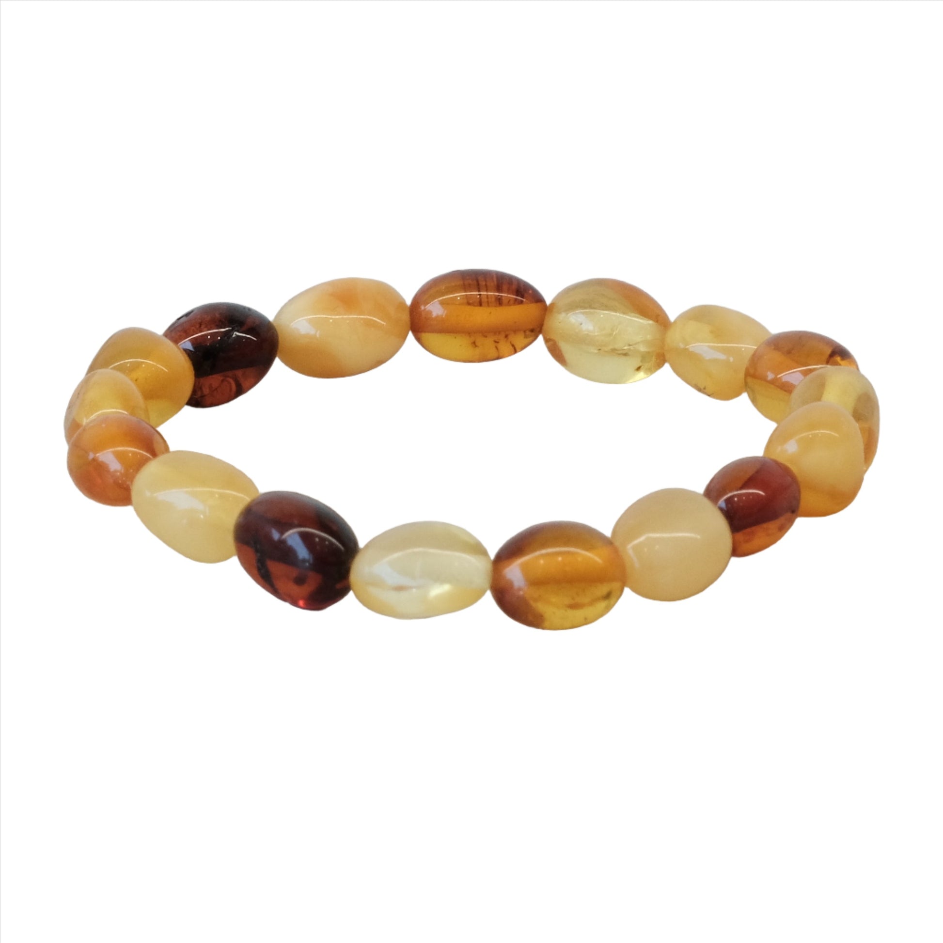 Amber tri-color stretch bracelet for children, featuring healing properties and stress relief benefits.