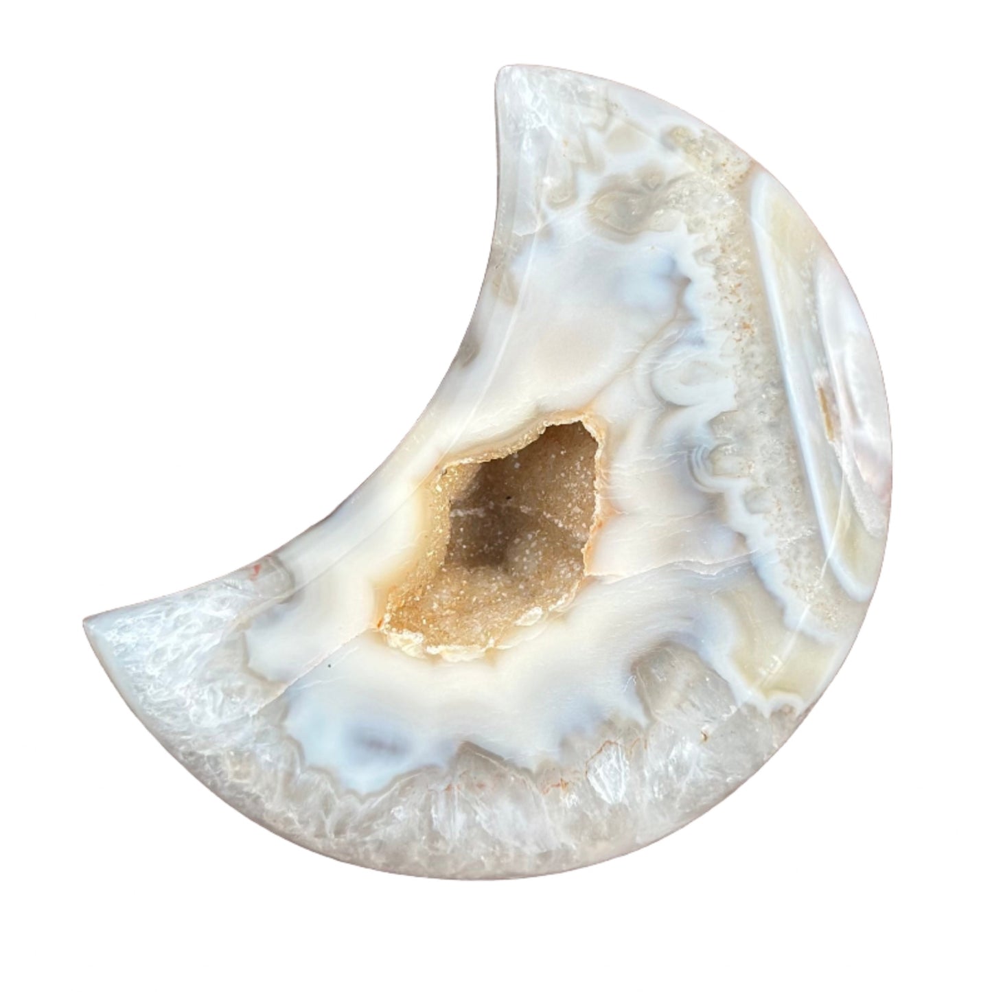 Agate druzy moon crystal with natural geode center, approximate size 3.1"x2.2", known for balancing body, mind, and spirit.