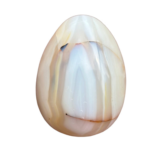 Polished agate egg approximately 3 inches, known for balancing body, mind, and spirit.