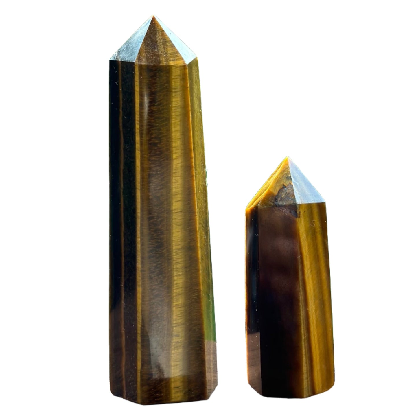 Two polished Tiger Eye Towers, enhancing focus, courage, and emotional stability while promoting physical well-being.
