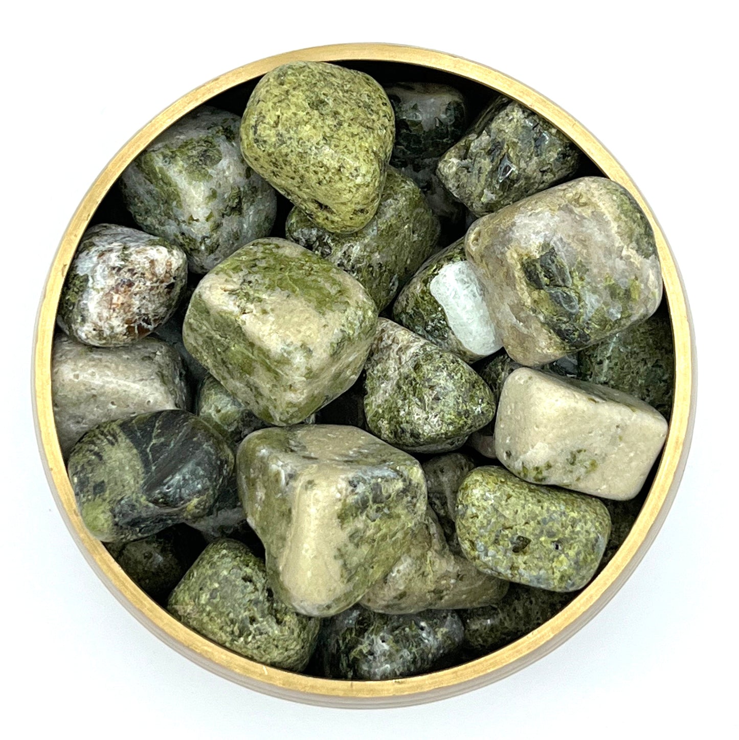 Epidote with Quartz tumbled stones in a bowl, green-yellow mineral for jewelry, believed to enhance healing and energy, size 20-30mm.