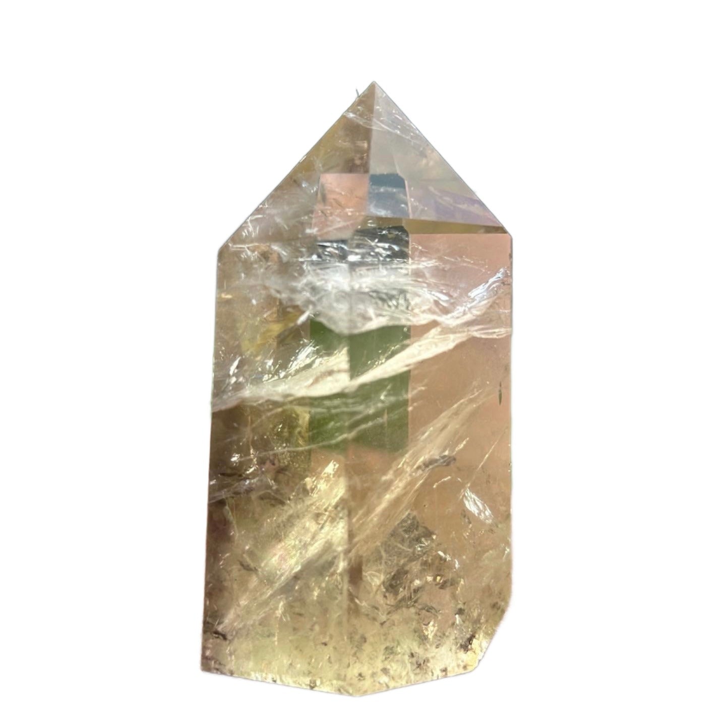 Citrine Tower crystal, known for energizing life, enhancing intuition, attracting wealth, and boosting self-esteem.