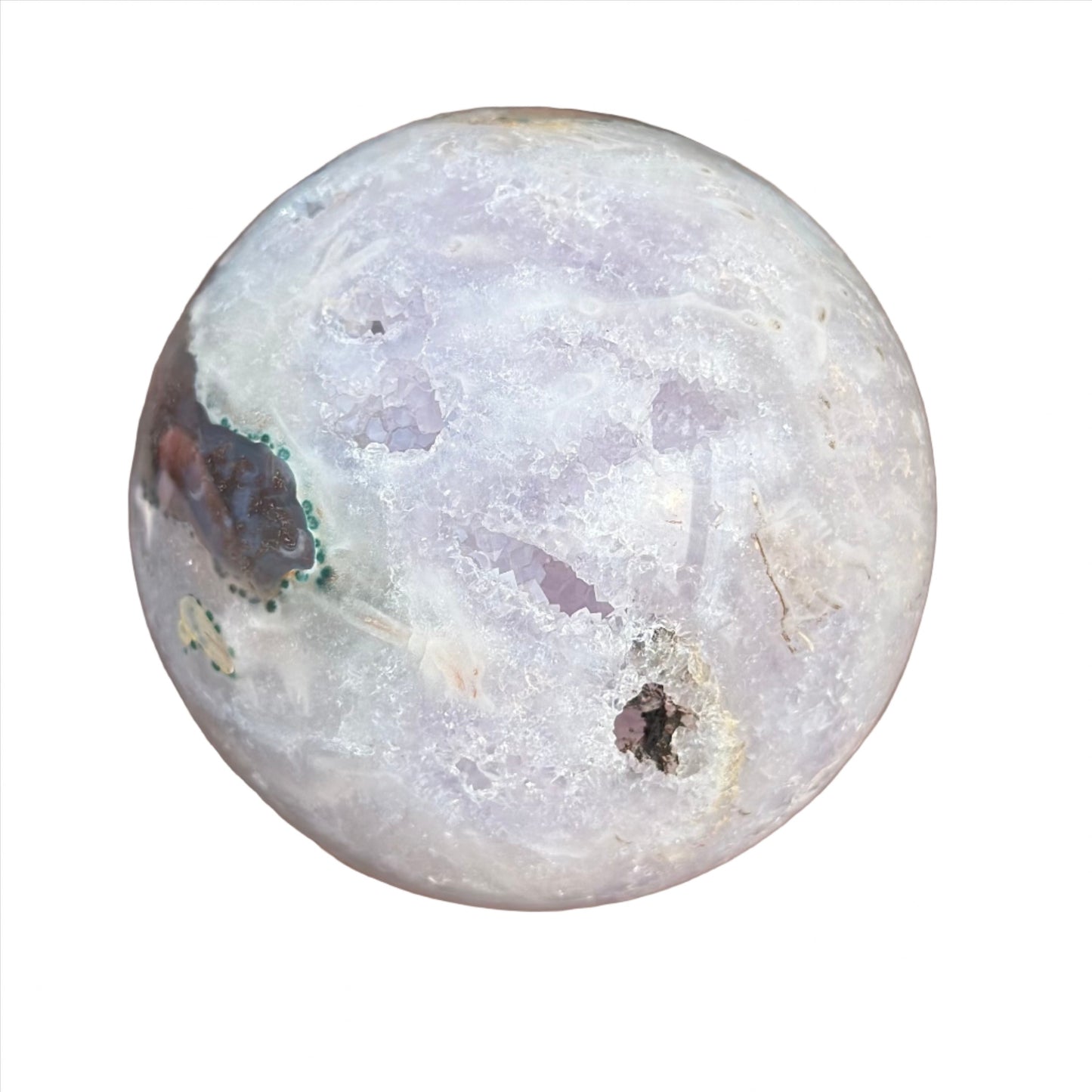 Pink Amethyst Sphere 688g with calming energy and healing properties, 3.1" diameter gemstone offering stress relief.