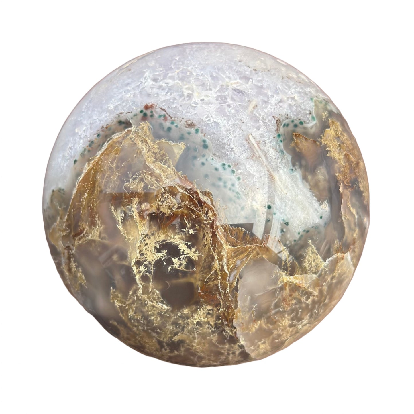 Polished gemstone sphere with earthy and cloudy patterns against a white background.