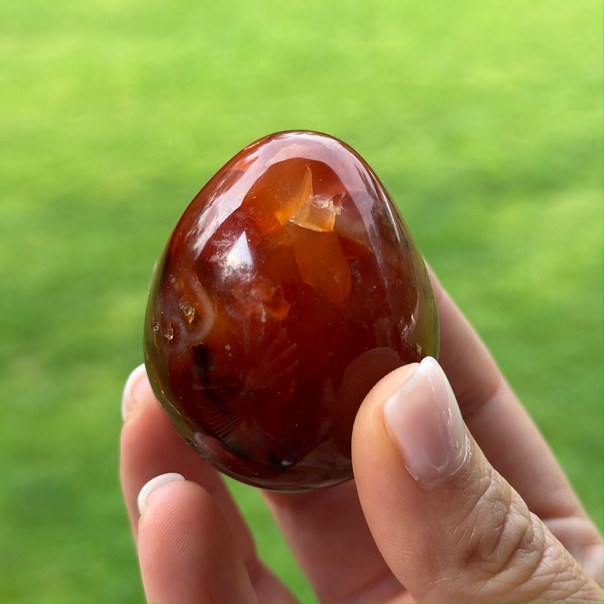 Hand holding a polished carnelian egg, symbolizing vitality, creativity, and healing properties.