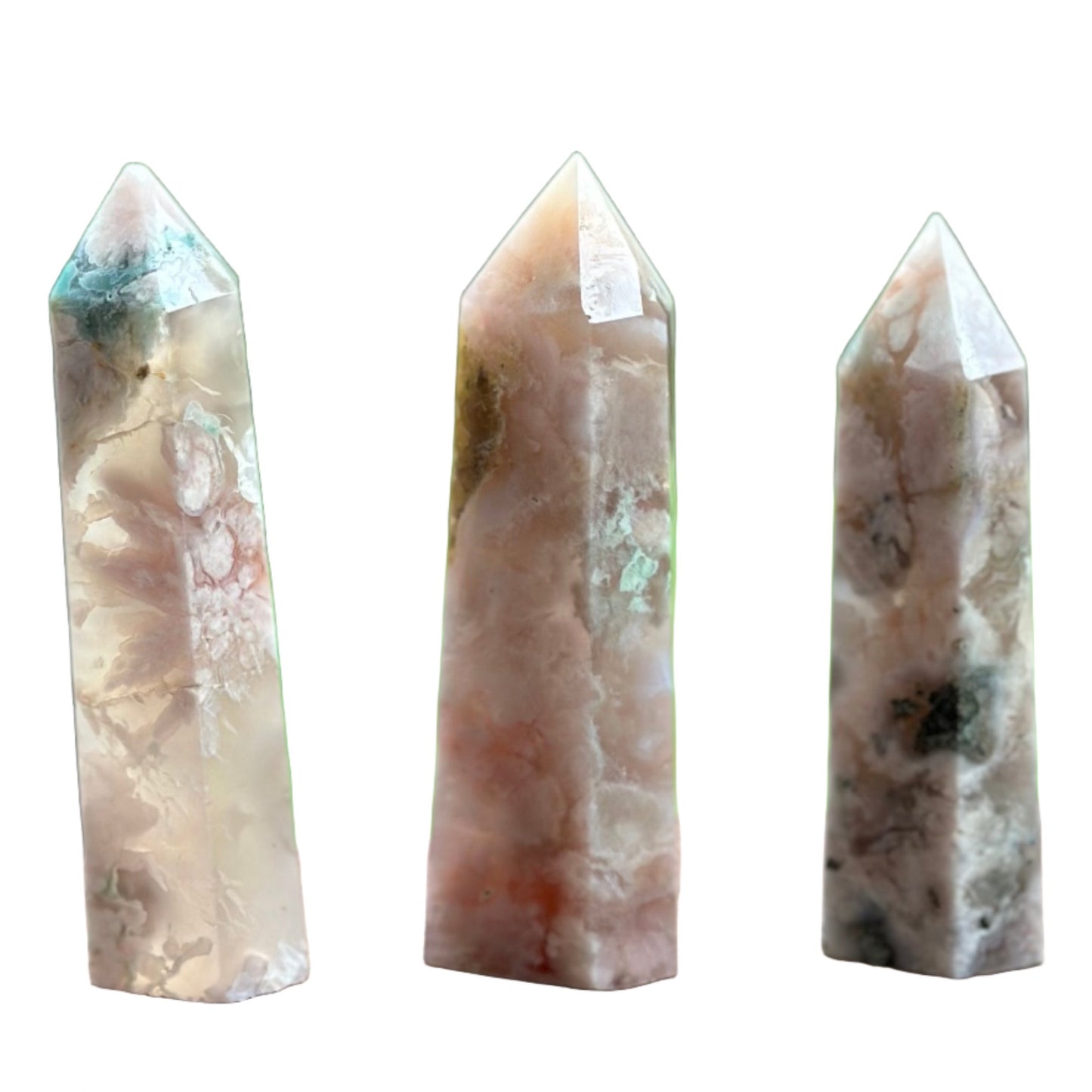 Cherry Blossom Flower Agate Towers showcasing unique patterns and colors, ideal for enhancing natural energy and healing in your space.