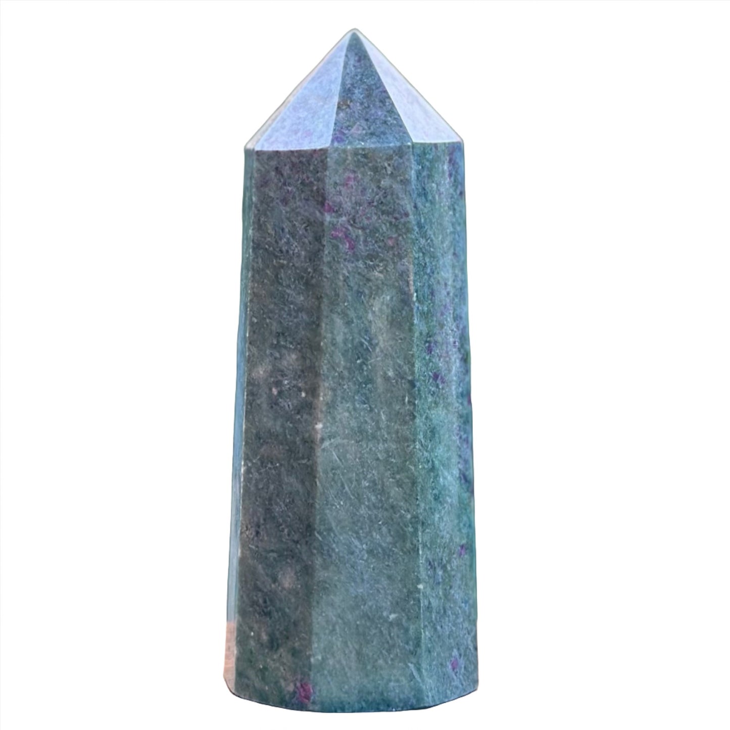 Ruby Kyanite Fuchsite Tower showcasing vibrant green and blue hues, representing energy and prosperity.